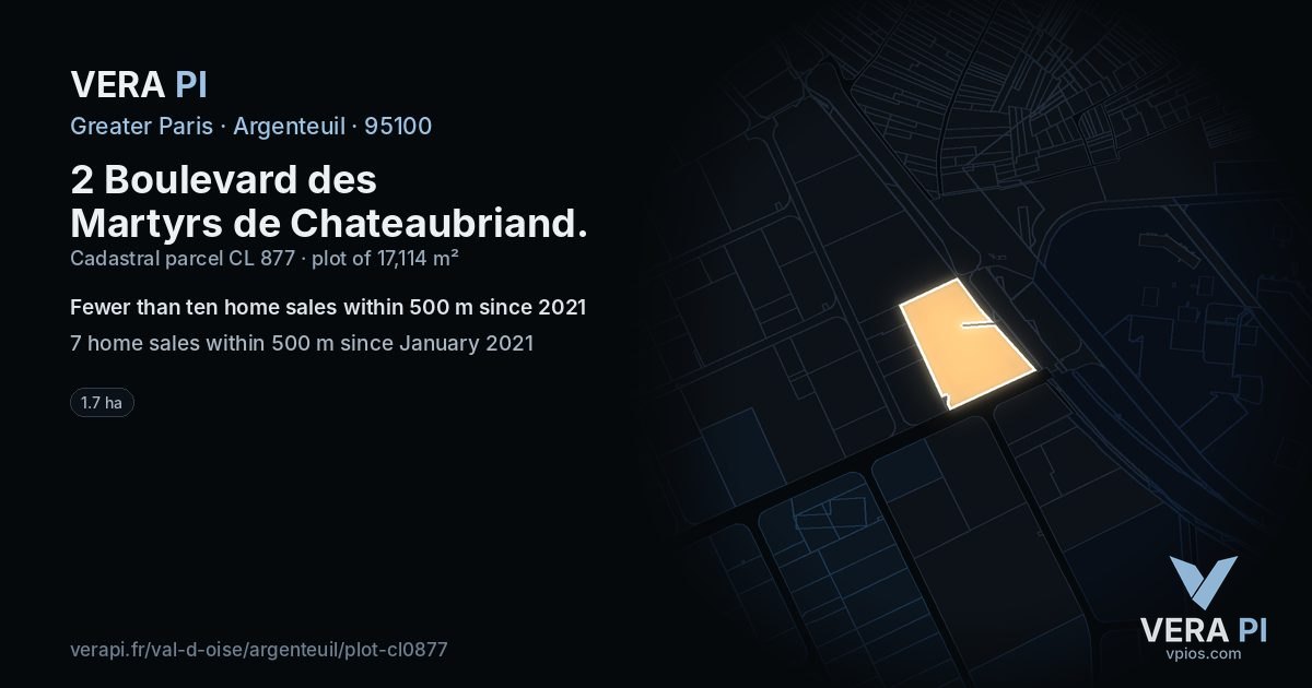 2 Boulevard des Martyrs de Chateaubriand, Argenteuil at night – the plot lit, the parcels around coloured by the prices near them