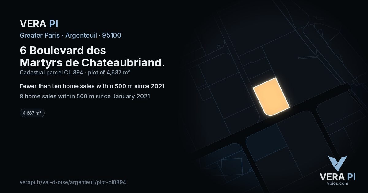 6 Boulevard des Martyrs de Chateaubriand, Argenteuil at night – the plot lit, the parcels around coloured by the prices near them