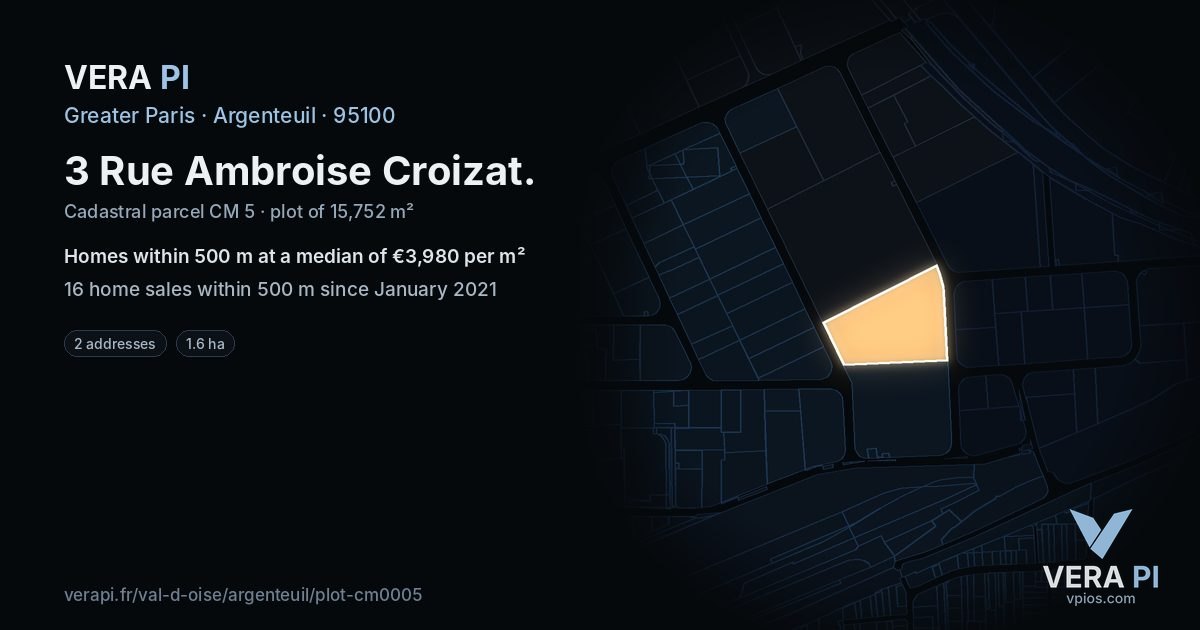 3 Rue Ambroise Croizat, Argenteuil at night – the plot lit, the parcels around coloured by the prices near them
