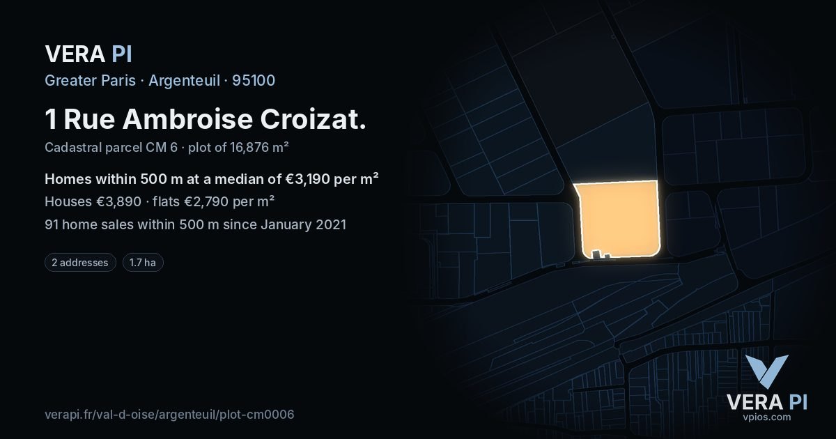 1 Rue Ambroise Croizat, Argenteuil at night – the plot lit, the parcels around coloured by the prices near them