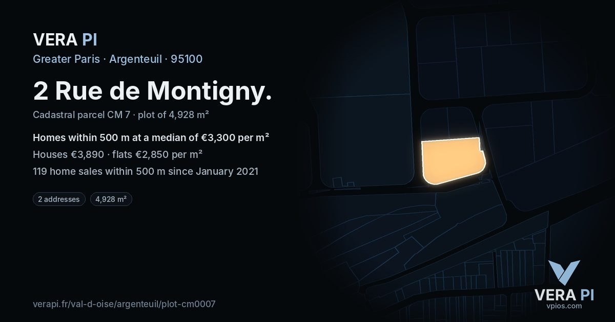 2 Rue de Montigny, Argenteuil at night – the plot lit, the parcels around coloured by the prices near them