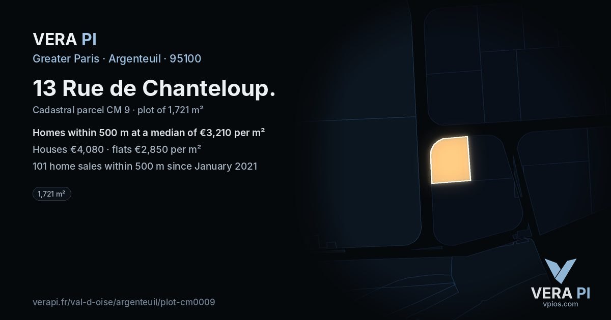 13 Rue de Chanteloup, Argenteuil at night – the plot lit, the parcels around coloured by the prices near them