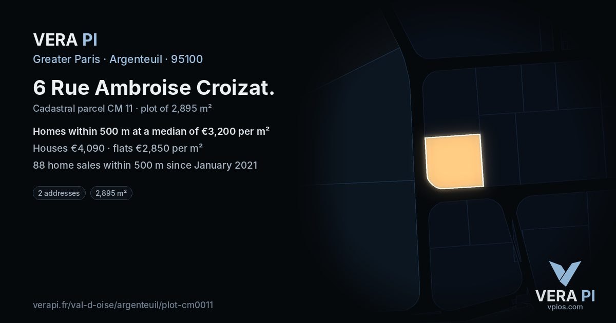 6 Rue Ambroise Croizat, Argenteuil at night – the plot lit, the parcels around coloured by the prices near them