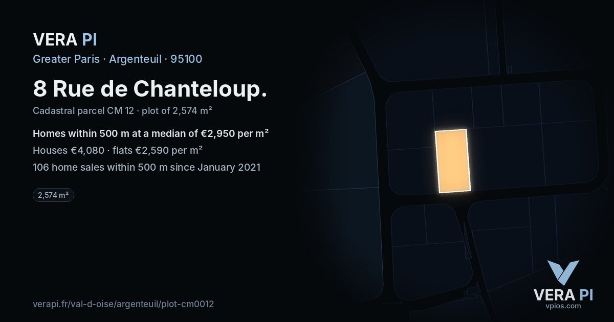 8 Rue de Chanteloup, Argenteuil at night – the plot lit, the parcels around coloured by the prices near them