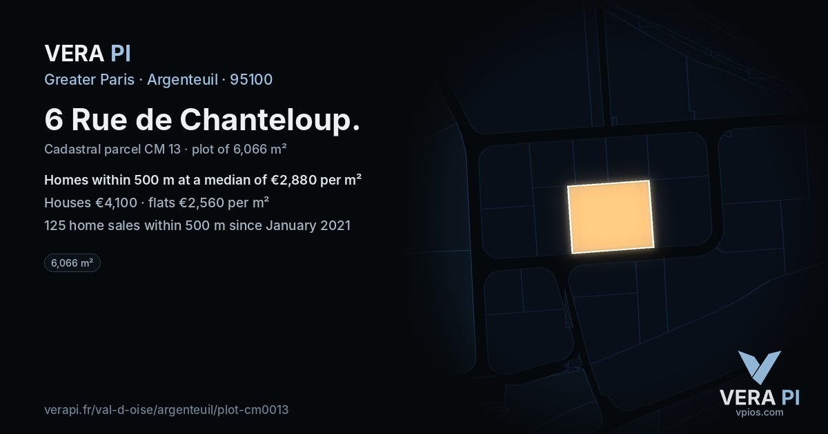 6 Rue de Chanteloup, Argenteuil at night – the plot lit, the parcels around coloured by the prices near them