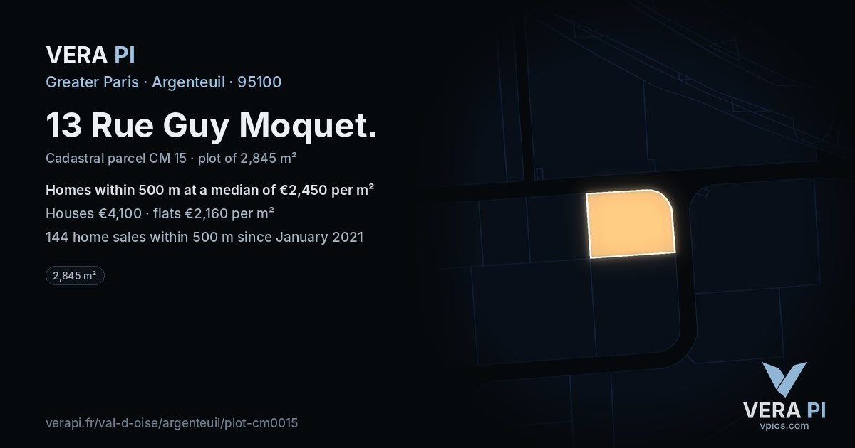 13 Rue Guy Moquet, Argenteuil at night – the plot lit, the parcels around coloured by the prices near them