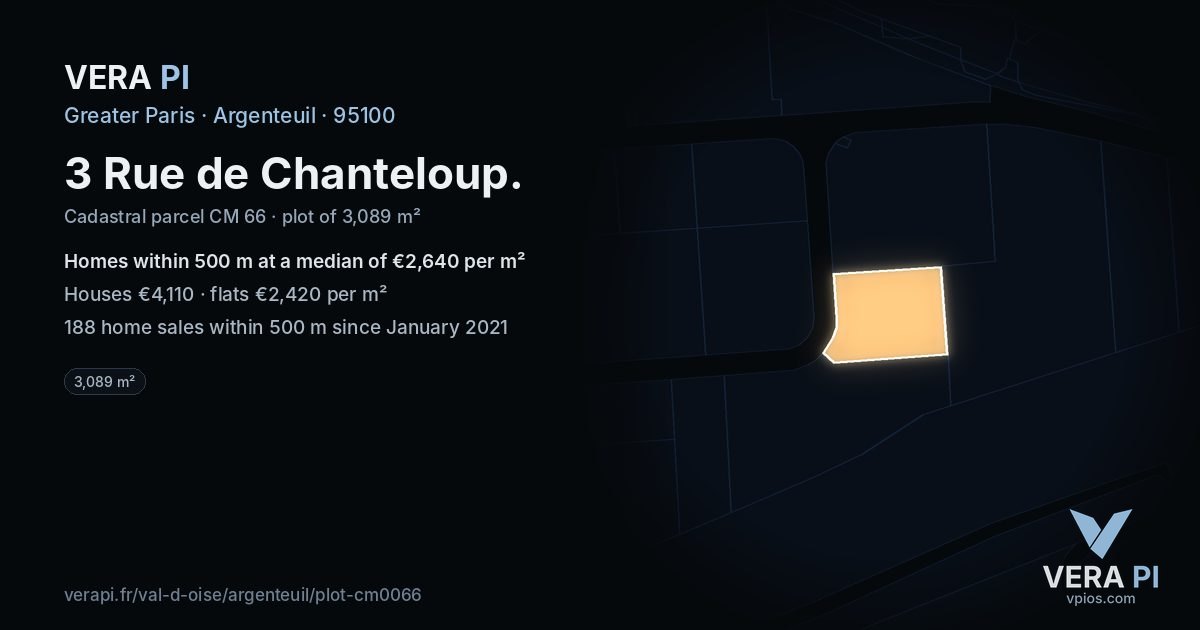 3 Rue de Chanteloup, Argenteuil at night – the plot lit, the parcels around coloured by the prices near them