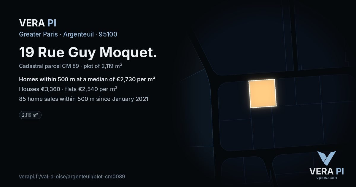 19 Rue Guy Moquet, Argenteuil at night – the plot lit, the parcels around coloured by the prices near them