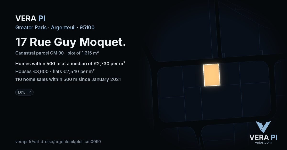 17 Rue Guy Moquet, Argenteuil at night – the plot lit, the parcels around coloured by the prices near them
