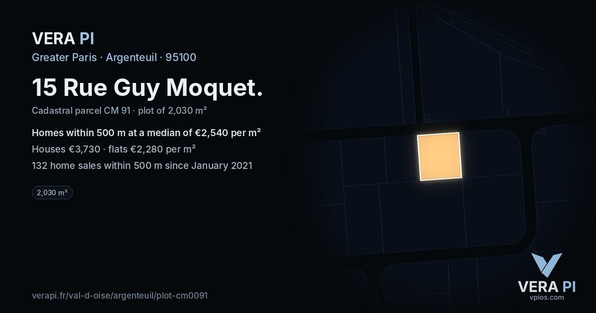 15 Rue Guy Moquet, Argenteuil at night – the plot lit, the parcels around coloured by the prices near them