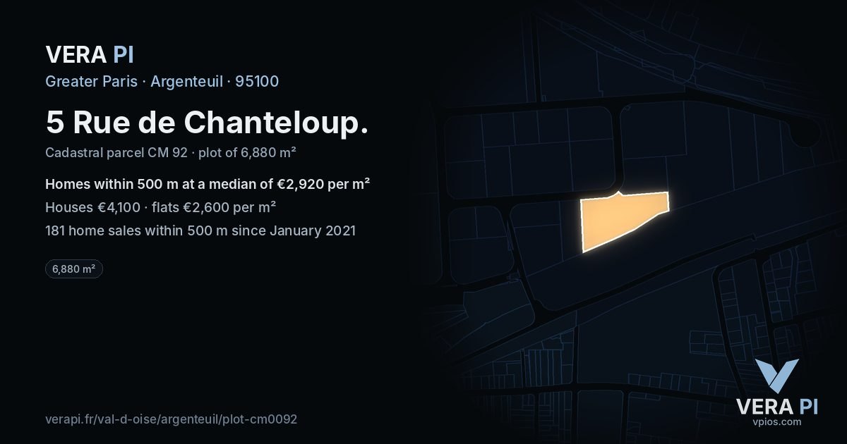 5 Rue de Chanteloup, Argenteuil at night – the plot lit, the parcels around coloured by the prices near them