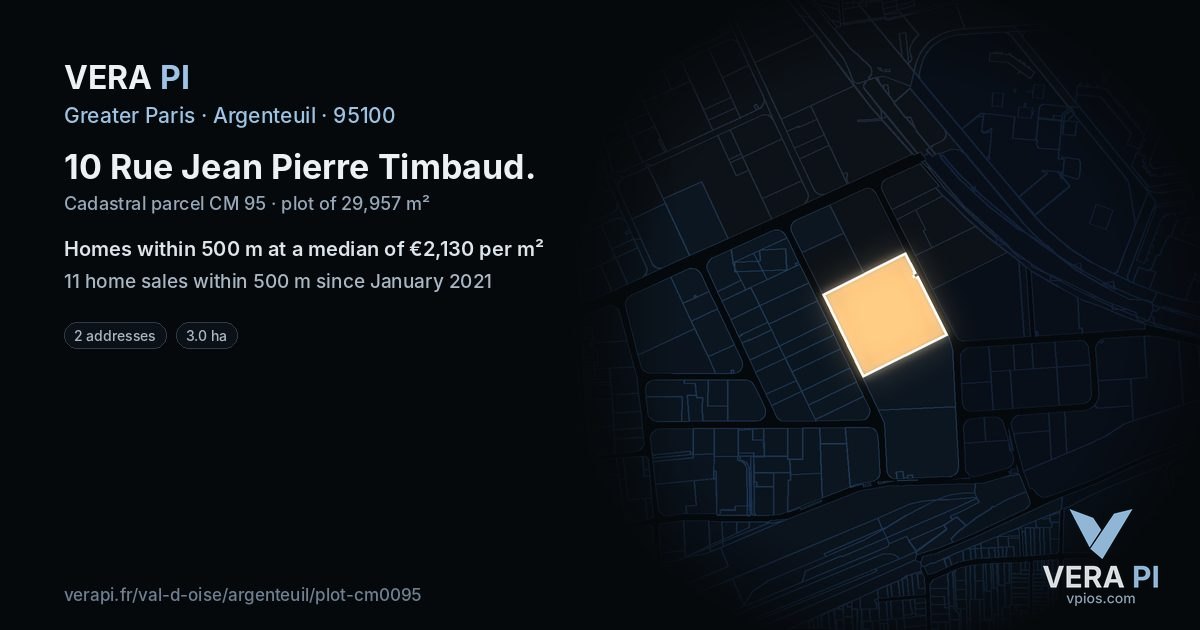 10 Rue Jean Pierre Timbaud, Argenteuil at night – the plot lit, the parcels around coloured by the prices near them