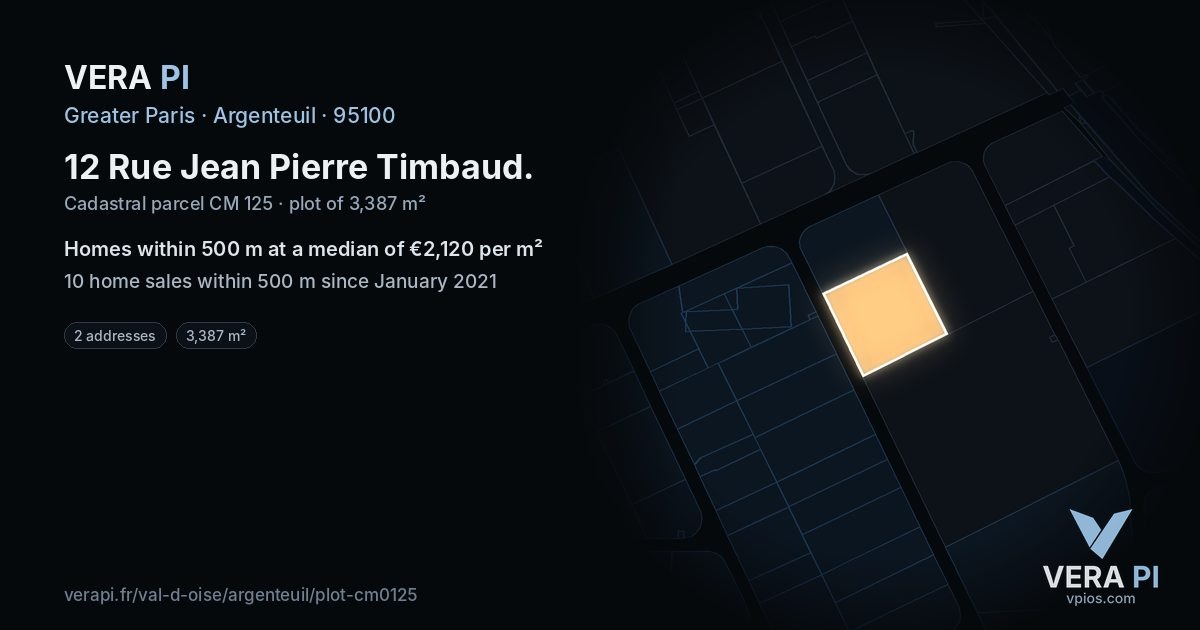 12 Rue Jean Pierre Timbaud, Argenteuil at night – the plot lit, the parcels around coloured by the prices near them