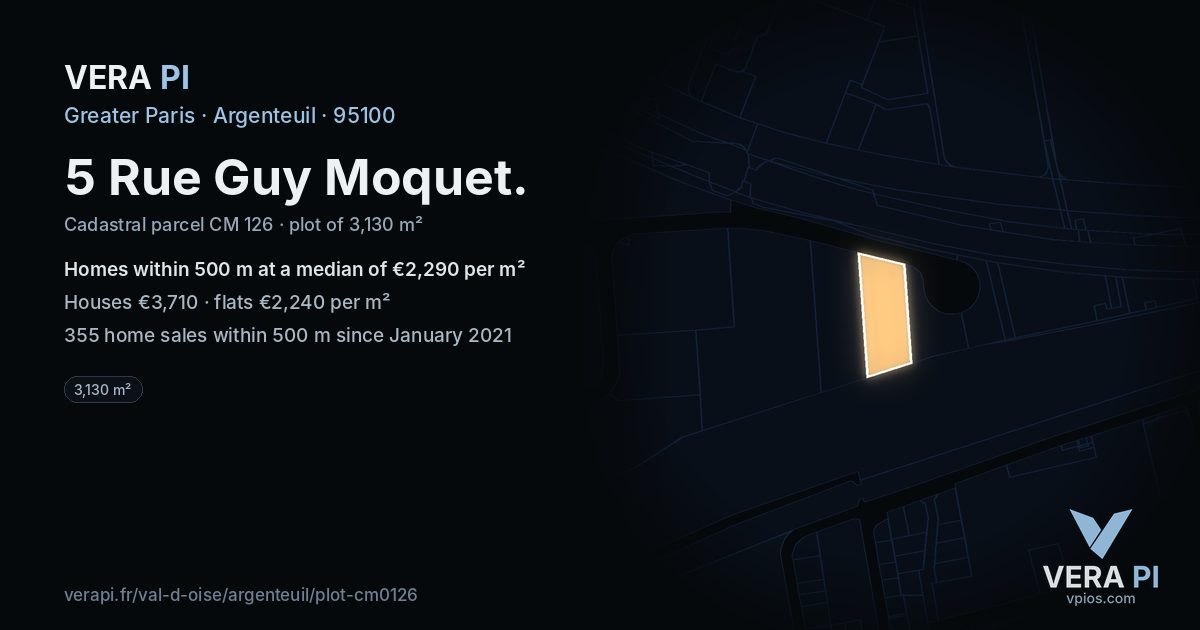 5 Rue Guy Moquet, Argenteuil at night – the plot lit, the parcels around coloured by the prices near them