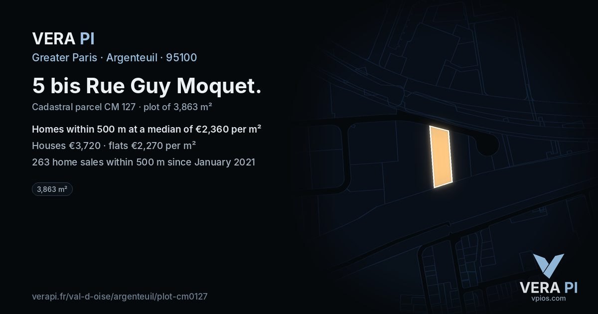 5 bis Rue Guy Moquet, Argenteuil at night – the plot lit, the parcels around coloured by the prices near them