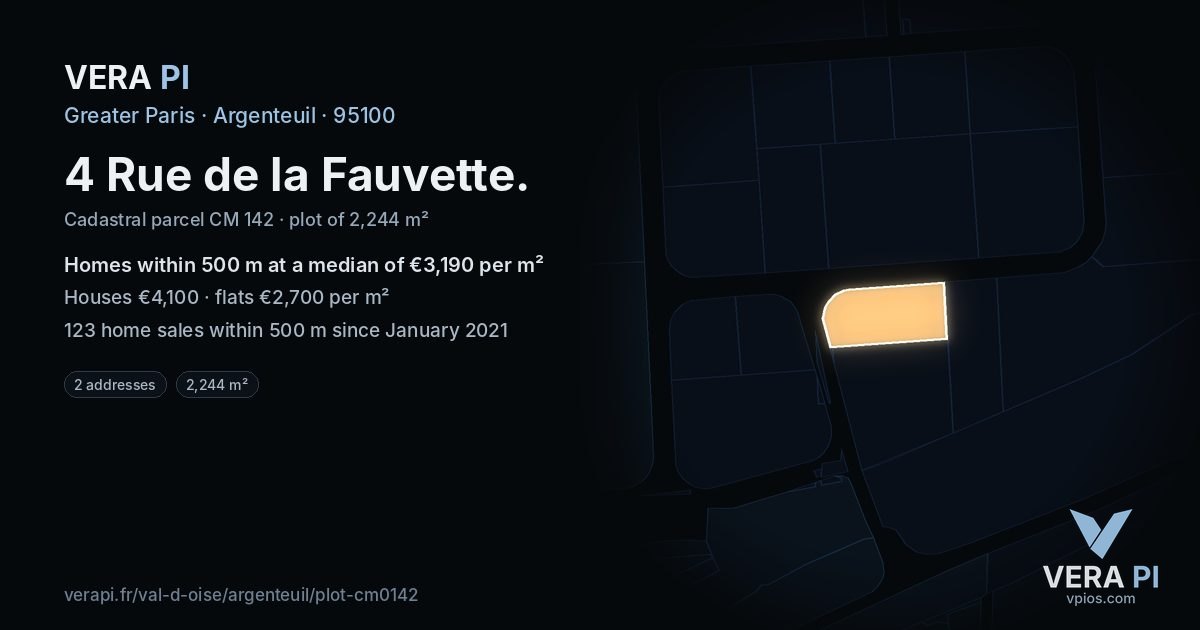 4 Rue de la Fauvette, Argenteuil at night – the plot lit, the parcels around coloured by the prices near them