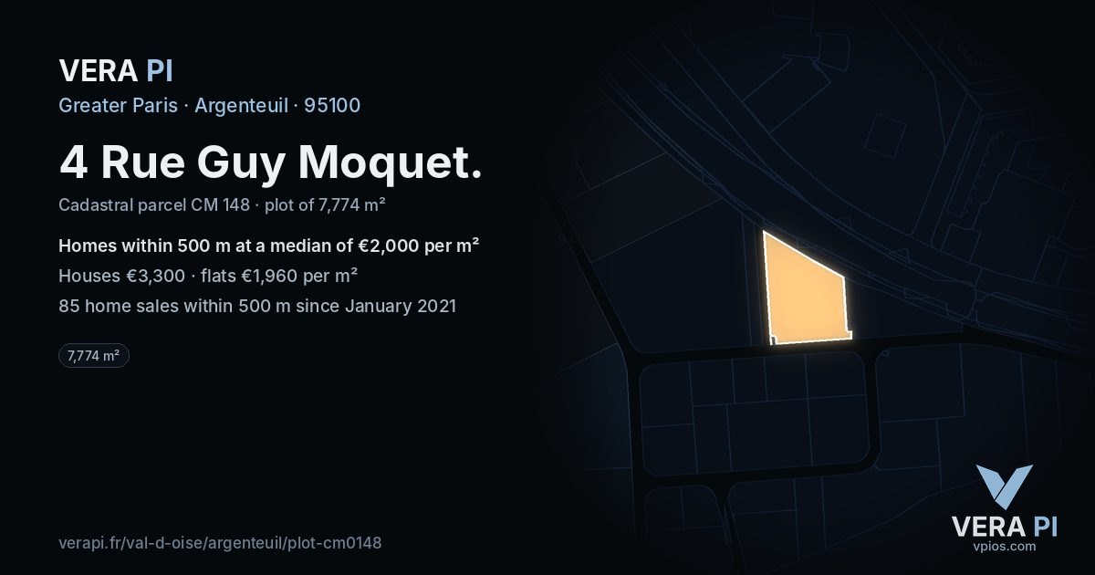 4 Rue Guy Moquet, Argenteuil at night – the plot lit, the parcels around coloured by the prices near them