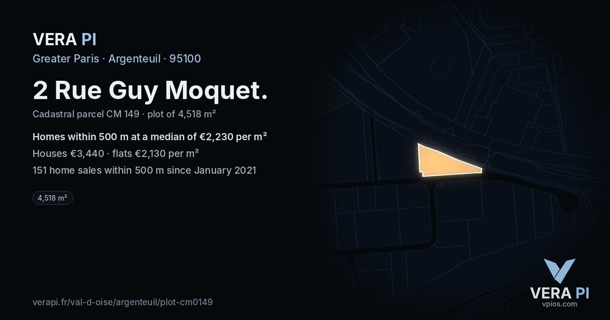 2 Rue Guy Moquet, Argenteuil at night – the plot lit, the parcels around coloured by the prices near them