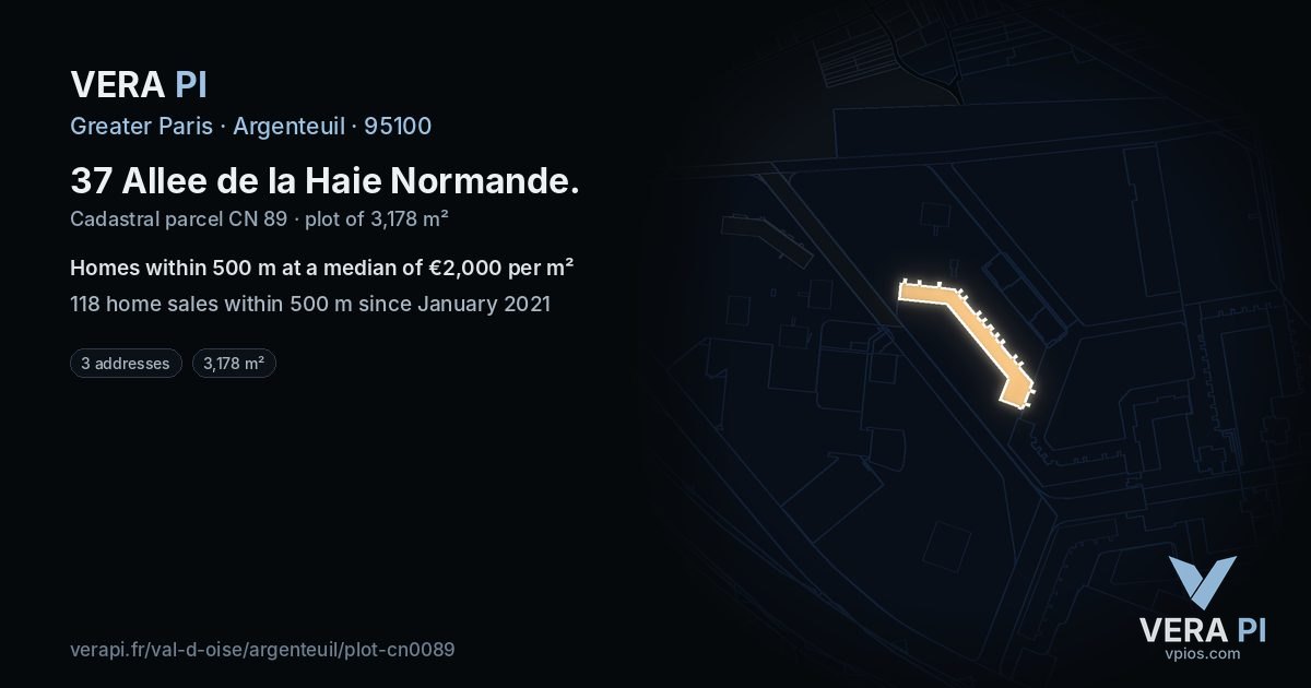 37 Allee de la Haie Normande, Argenteuil at night – the plot lit, the parcels around coloured by the prices near them
