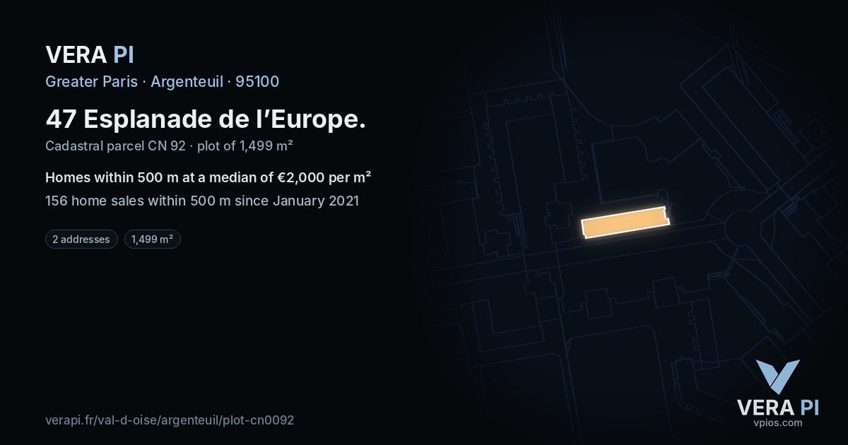 47 Esplanade de l’Europe, Argenteuil at night – the plot lit, the parcels around coloured by the prices near them
