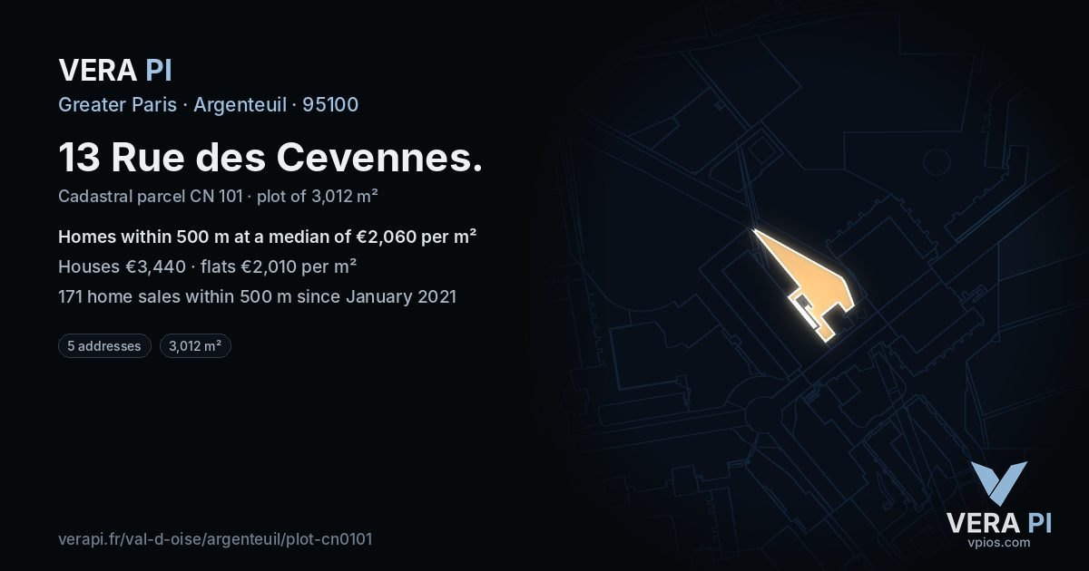 13 Rue des Cevennes, Argenteuil at night – the plot lit, the parcels around coloured by the prices near them