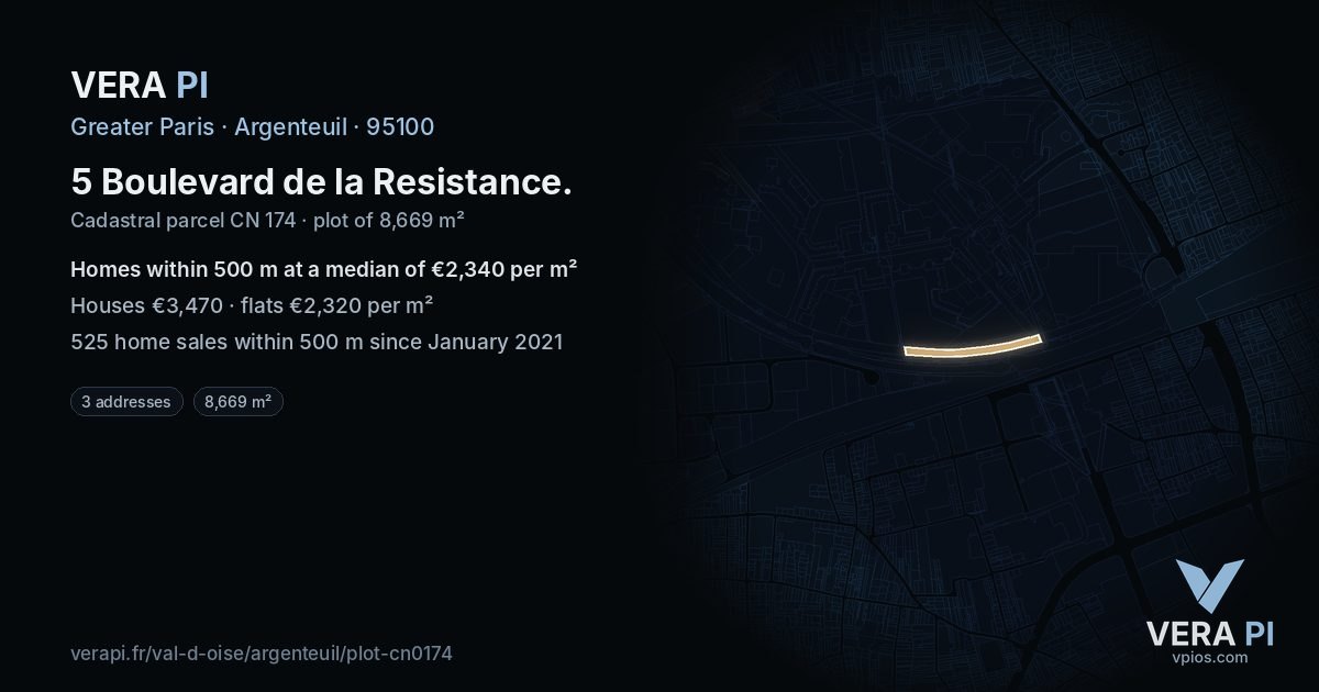 5 Boulevard de la Resistance, Argenteuil at night – the plot lit, the parcels around coloured by the prices near them