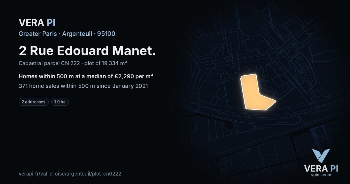 2 Rue Edouard Manet, Argenteuil at night – the plot lit, the parcels around coloured by the prices near them