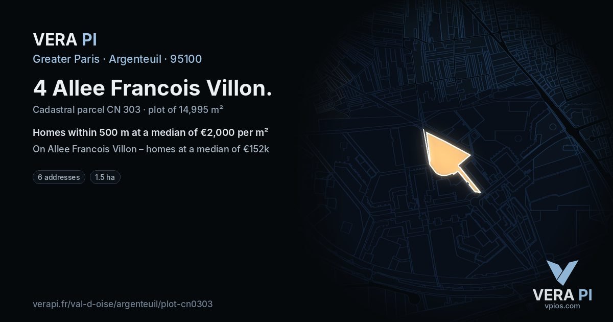 4 Allee Francois Villon, Argenteuil at night – the plot lit, the parcels around coloured by the prices near them