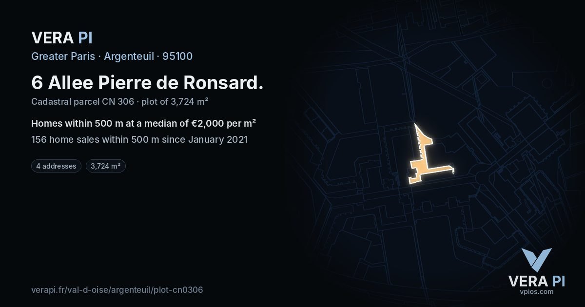 6 Allee Pierre de Ronsard, Argenteuil at night – the plot lit, the parcels around coloured by the prices near them