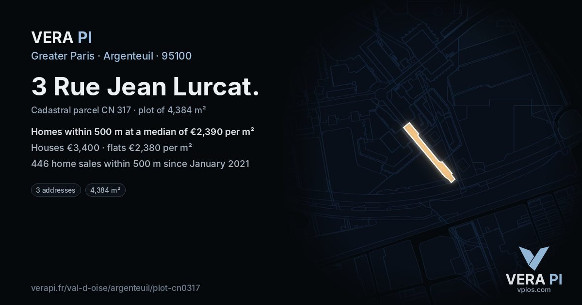 3 Rue Jean Lurcat, Argenteuil at night – the plot lit, the parcels around coloured by the prices near them