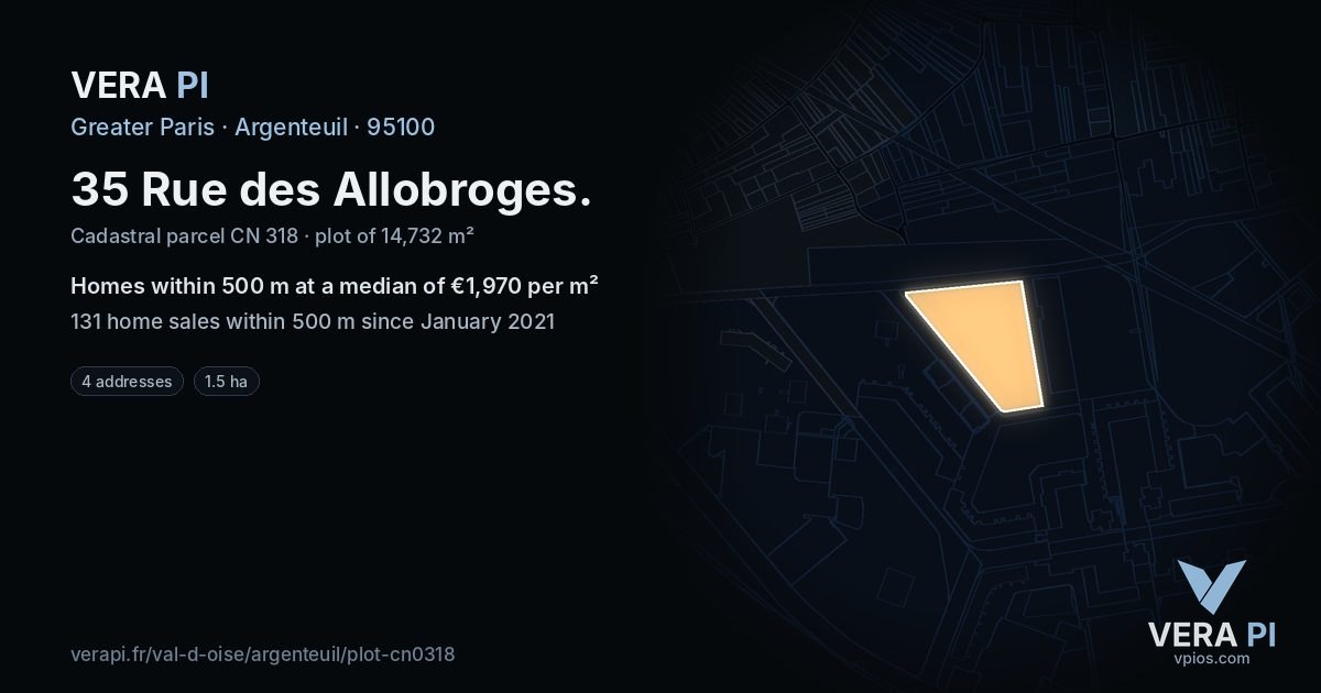 35 Rue des Allobroges, Argenteuil at night – the plot lit, the parcels around coloured by the prices near them