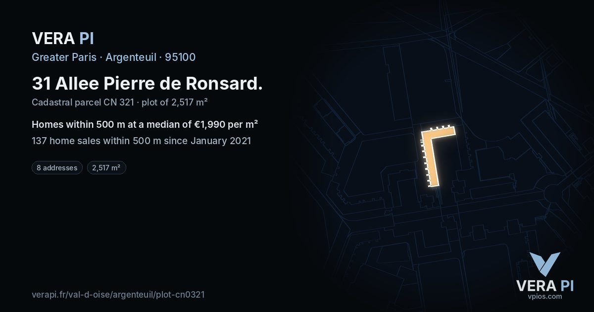 31 Allee Pierre de Ronsard, Argenteuil at night – the plot lit, the parcels around coloured by the prices near them