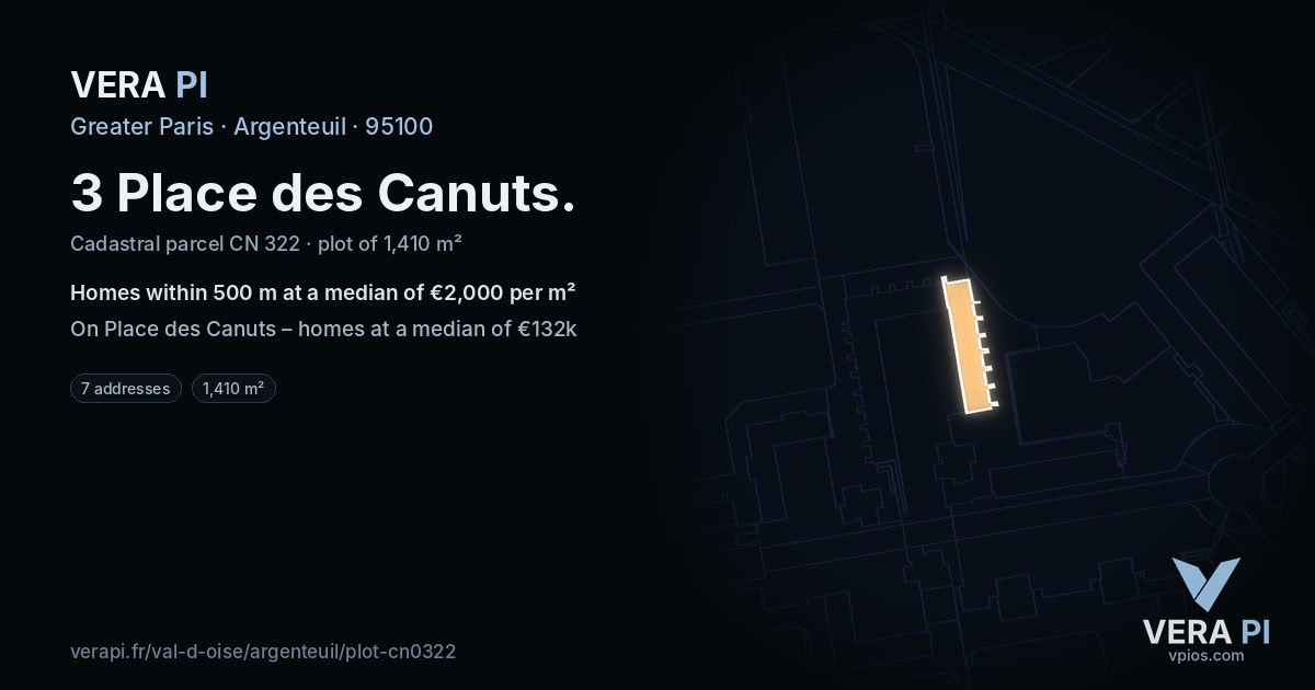3 Place des Canuts, Argenteuil at night – the plot lit, the parcels around coloured by the prices near them
