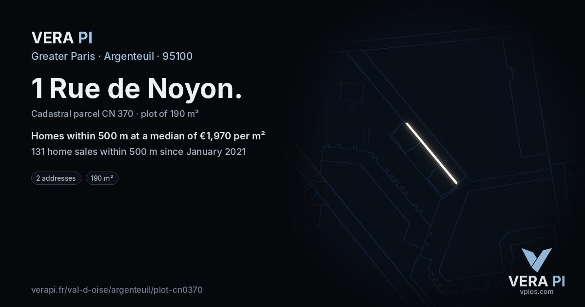 1 Rue de Noyon, Argenteuil at night – the plot lit, the parcels around coloured by the prices near them