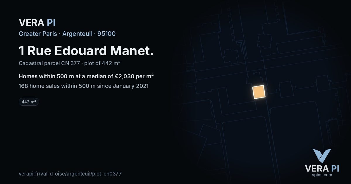 1 Rue Edouard Manet, Argenteuil at night – the plot lit, the parcels around coloured by the prices near them