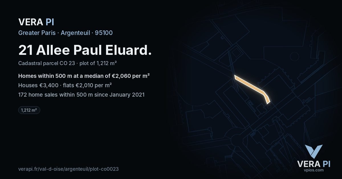 21 Allee Paul Eluard, Argenteuil at night – the plot lit, the parcels around coloured by the prices near them