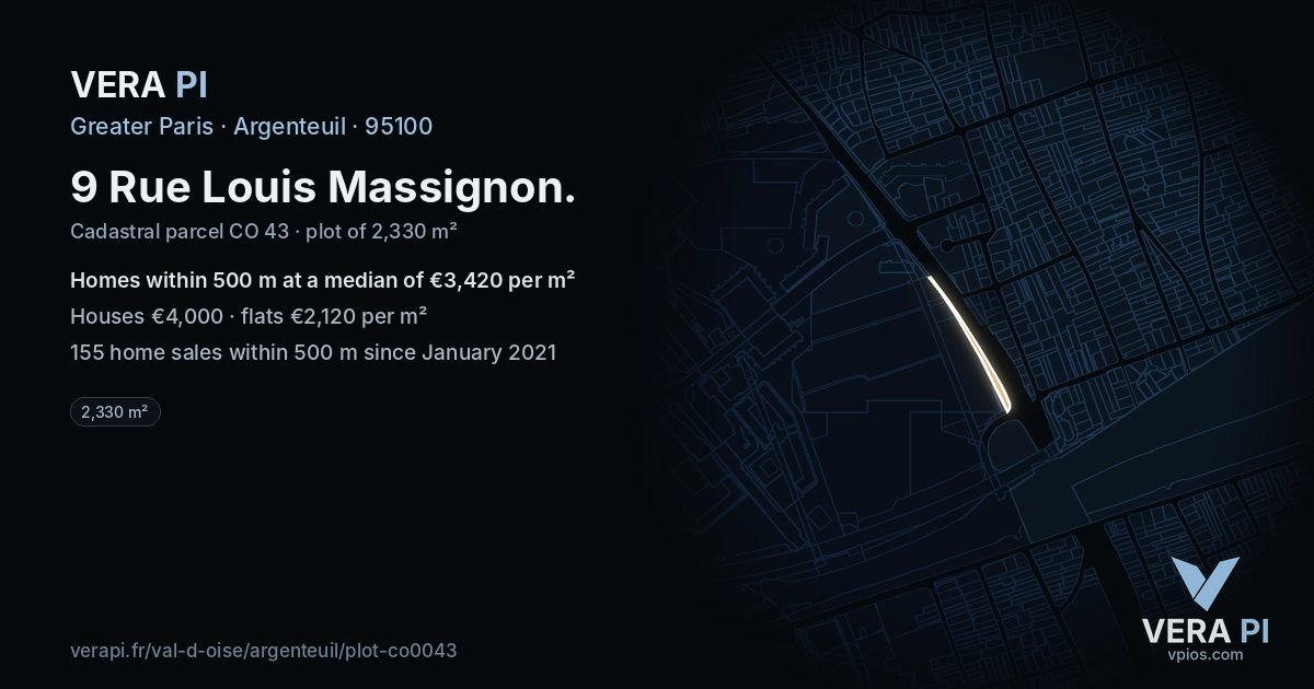 9 Rue Louis Massignon, Argenteuil at night – the plot lit, the parcels around coloured by the prices near them