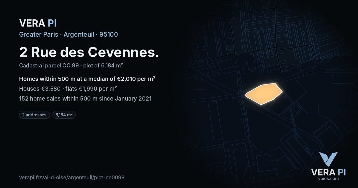 2 Rue des Cevennes, Argenteuil at night – the plot lit, the parcels around coloured by the prices near them