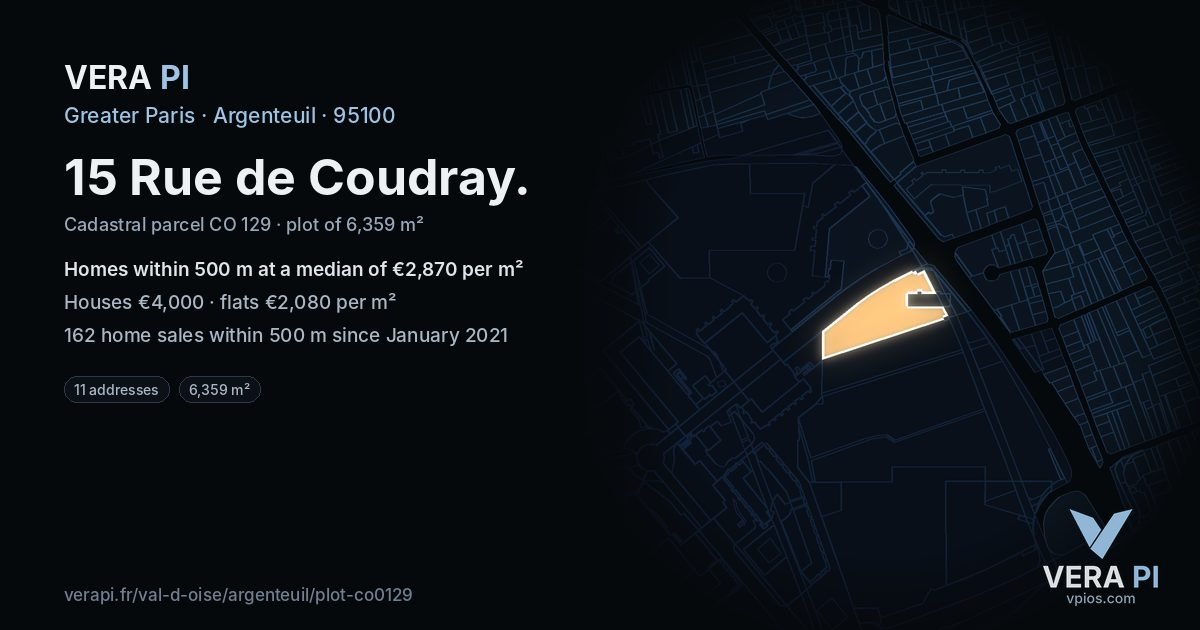15 Rue de Coudray, Argenteuil at night – the plot lit, the parcels around coloured by the prices near them