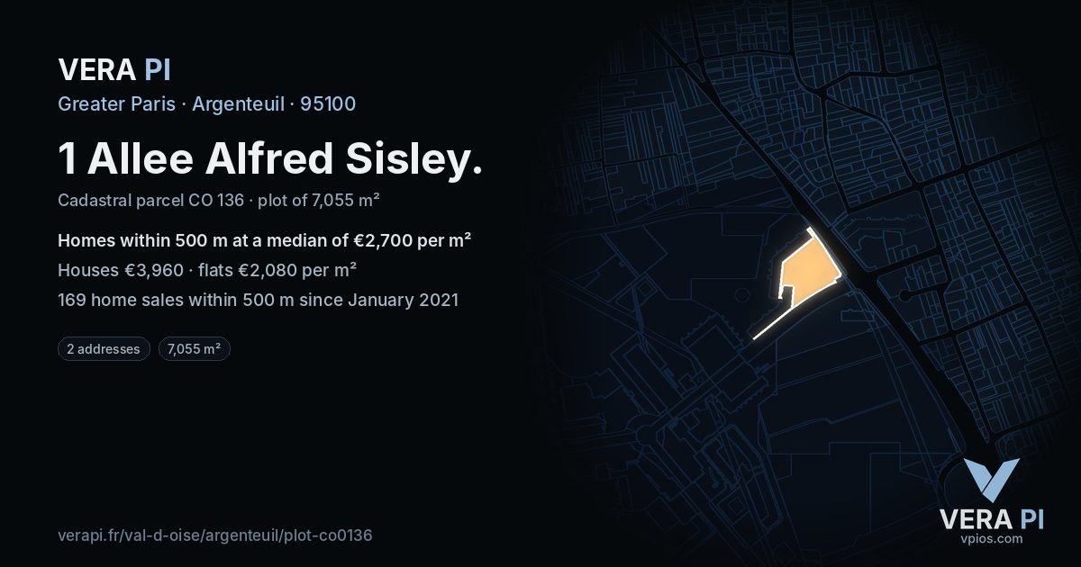 1 Allee Alfred Sisley, Argenteuil at night – the plot lit, the parcels around coloured by the prices near them