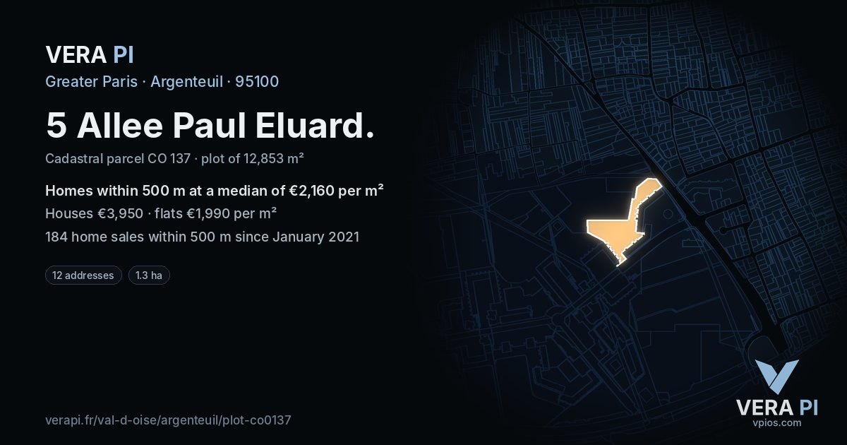 5 Allee Paul Eluard, Argenteuil at night – the plot lit, the parcels around coloured by the prices near them