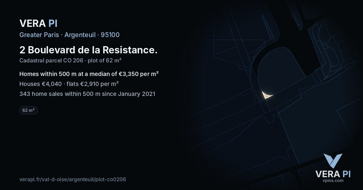 2 Boulevard de la Resistance, Argenteuil at night – the plot lit, the parcels around coloured by the prices near them