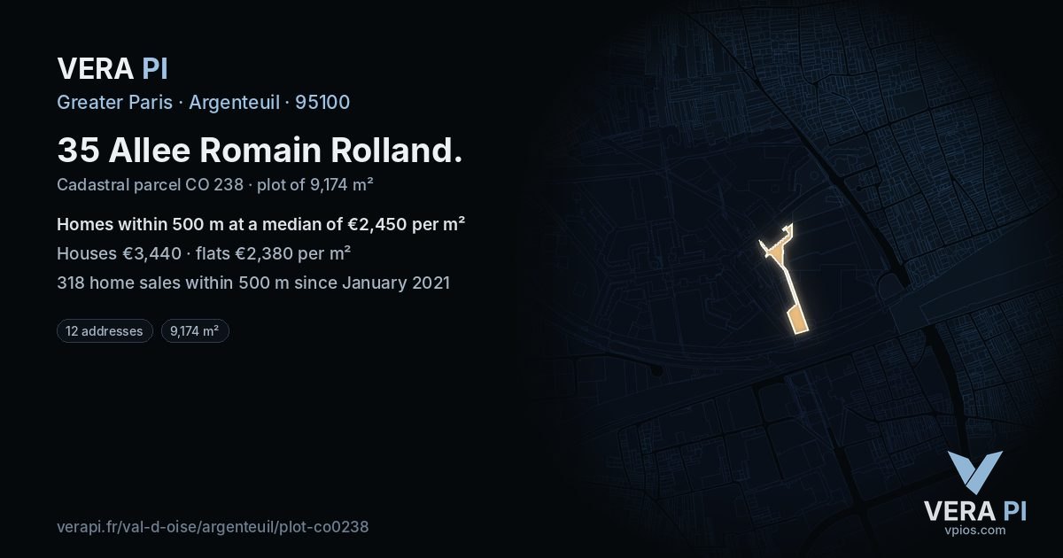 35 Allee Romain Rolland, Argenteuil at night – the plot lit, the parcels around coloured by the prices near them