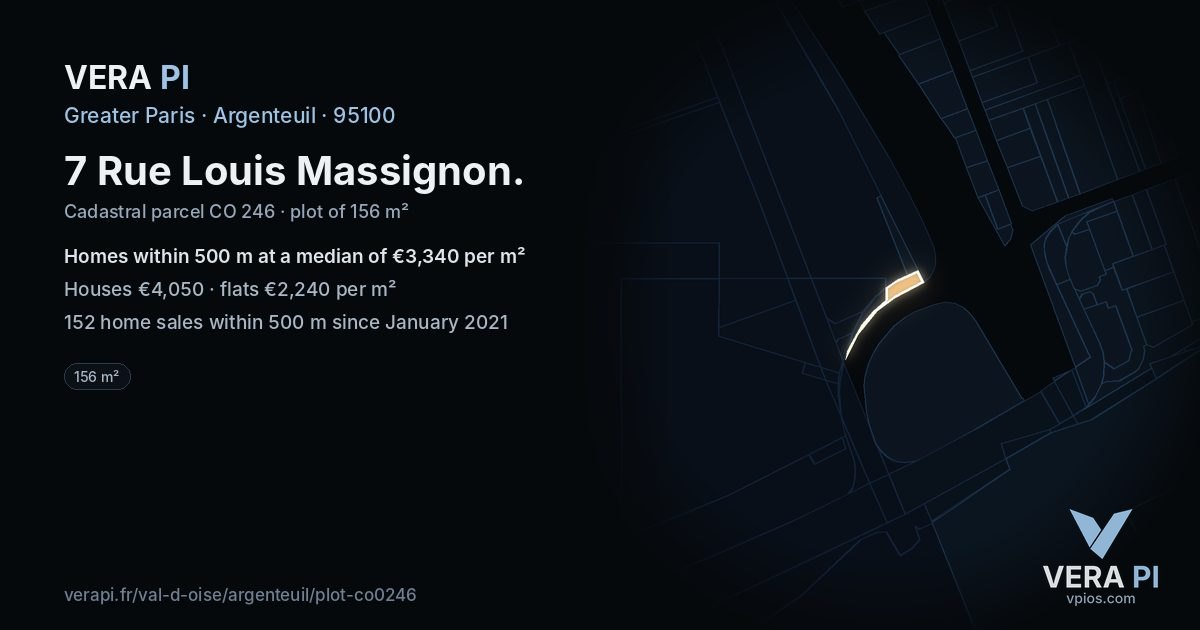 7 Rue Louis Massignon, Argenteuil at night – the plot lit, the parcels around coloured by the prices near them