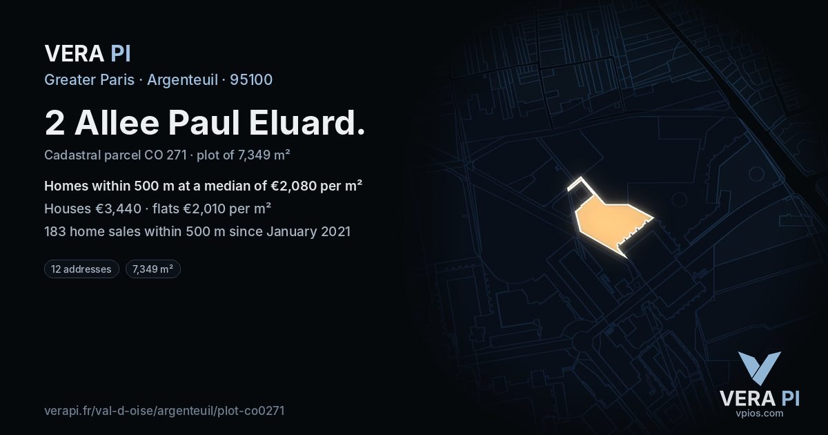 2 Allee Paul Eluard, Argenteuil at night – the plot lit, the parcels around coloured by the prices near them