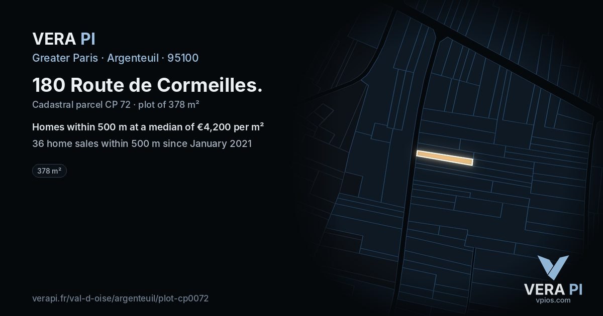 180 Route de Cormeilles, Argenteuil at night – the plot lit, the parcels around coloured by the prices near them