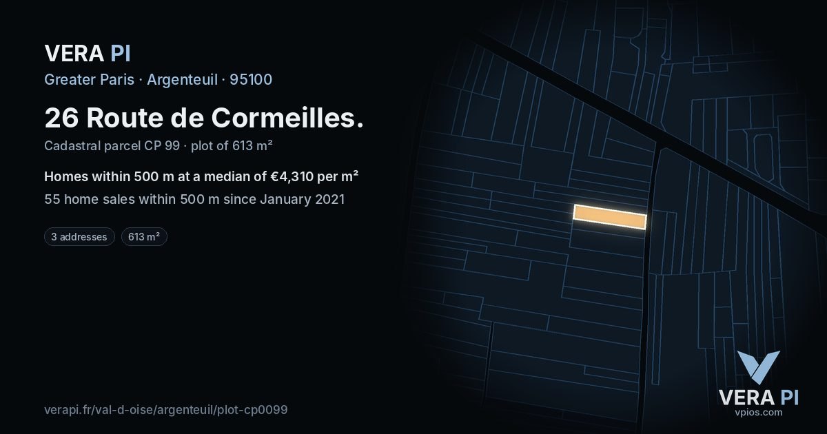 26 Route de Cormeilles, Argenteuil at night – the plot lit, the parcels around coloured by the prices near them