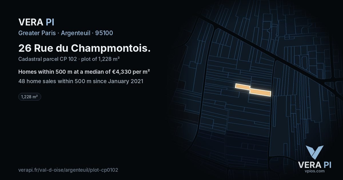26 Rue du Champmontois, Argenteuil at night – the plot lit, the parcels around coloured by the prices near them
