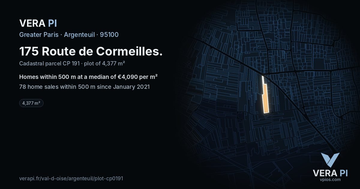 175 Route de Cormeilles, Argenteuil at night – the plot lit, the parcels around coloured by the prices near them