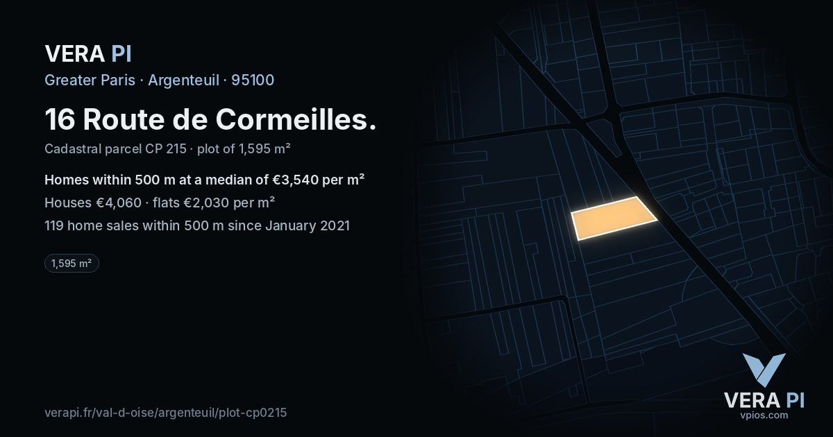 16 Route de Cormeilles, Argenteuil at night – the plot lit, the parcels around coloured by the prices near them